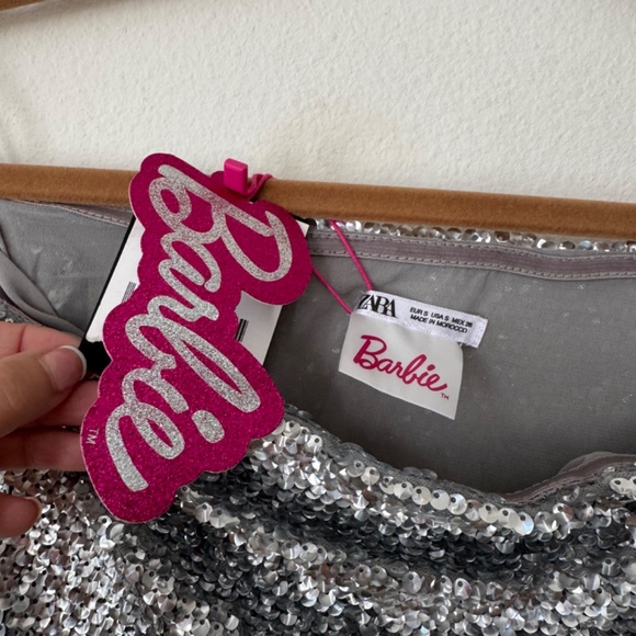 NWT Zara x Barbie limited edition strapless maxi dress chiffon sequin Silver - Picture 7 of 12